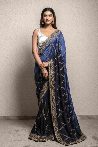 Dark Blue Saree in Dola Silk