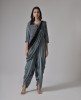 Satin Crepe Dhoti style Grey Embroidered Gown with Dupatta