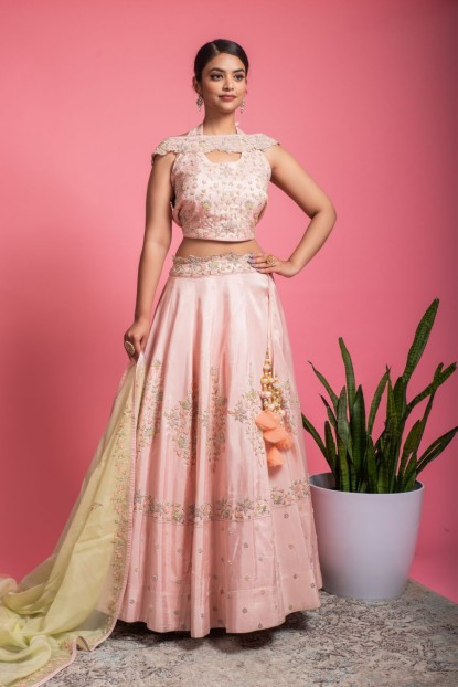 Baby Pink designer Blouse & Skirt in Raw Silk