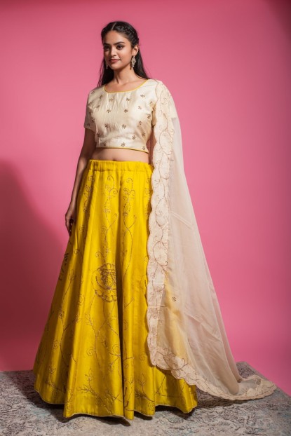 Mustard & Beige Raw Silk Blouse & Skirt with Organza Dupatta