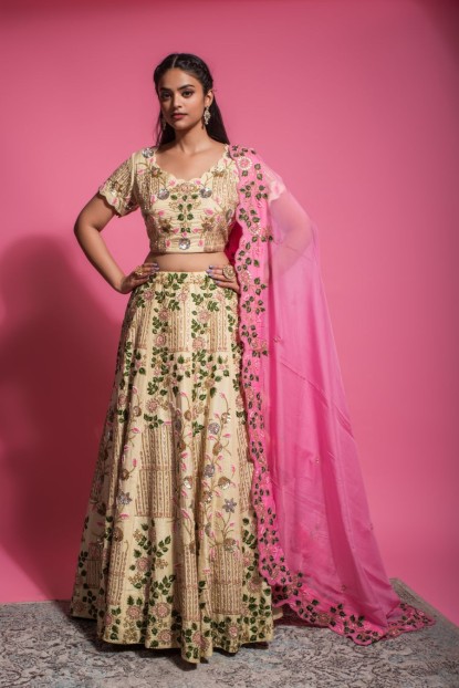 Heavy Floral work on Blouse & Skirt in Cream color