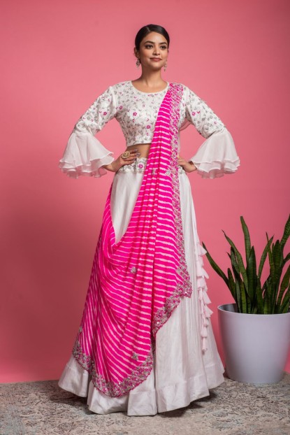 White Skirt & Crop top with Leheriya Dupatta in Pink color
