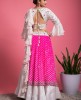 White Skirt & Crop top with Leheriya Dupatta in Pink color