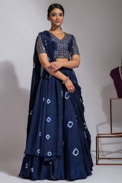 Navy Blue Blouse with Mirror Work and Skirt