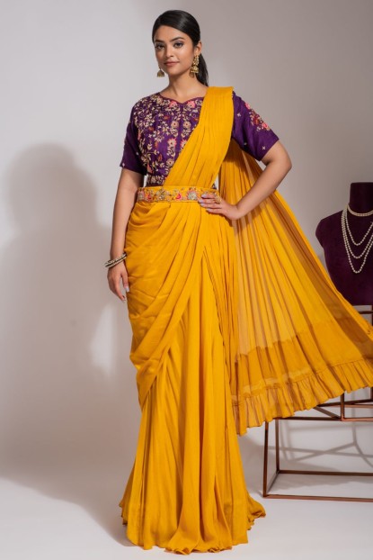 Amber Yellow Drape Style Skirt with Purple Blouse 