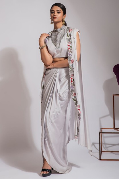 Grey color Crop Top & Skirt with Jacket style Dupatta