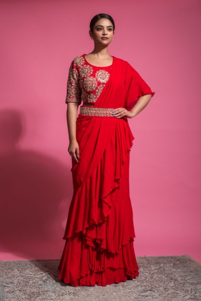 Heavy Blouse & Skirt with Ruffle Dupatta in Red color