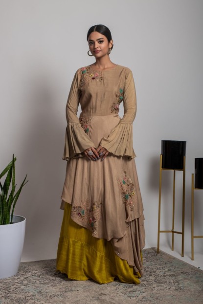 Brown color Up & Down Kurti with Skirt