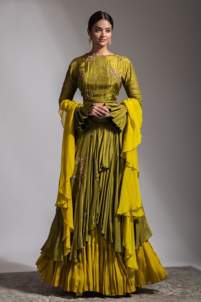 Green Crop Top and Skirt set in Dola Silk with Organza Ruffle Dupatta