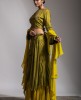 Green Crop Top and Skirt set in Dola Silk with Organza Ruffle Dupatta