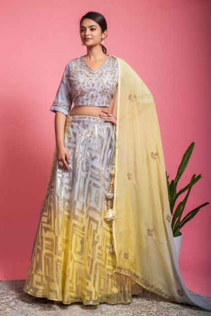  Heavy Yellow & Grey Blouse & Skirt with Dupatta