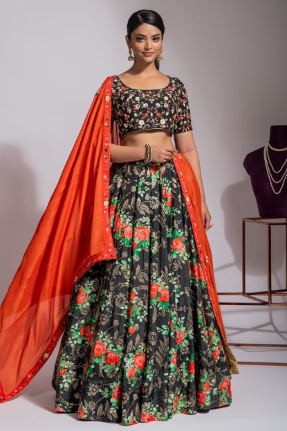 Black & Red floral printed Skirt & Top with Dupatta