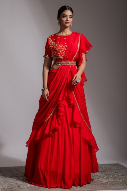 Red Drape style Skirt and Crop Top with Dupatta