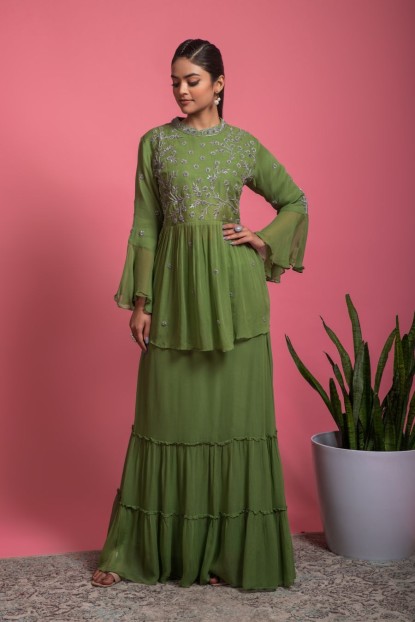 Pickle Green color Peplum style Top & A-line Skirt 