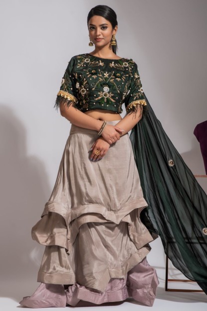 Dark Green blouse with Grey Ruffle Skirt