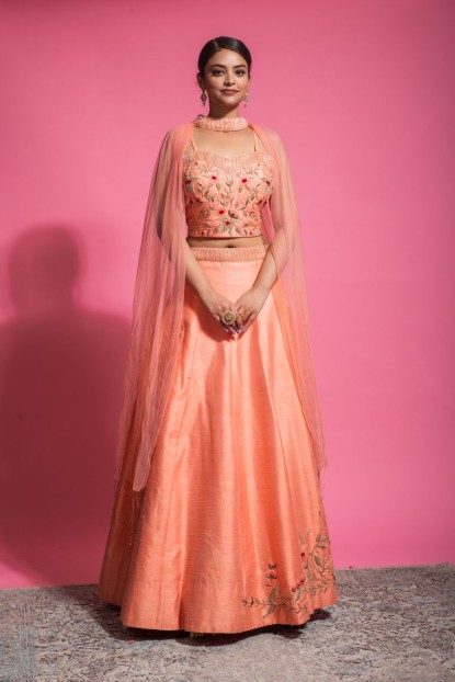 Melon Orange color Top & Skirt in Raw Silk fabric