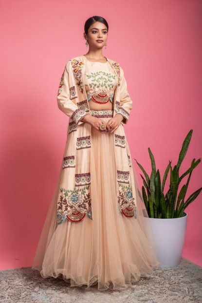 Heavy Blouse and Long Jacket with net Skirt in Cream color