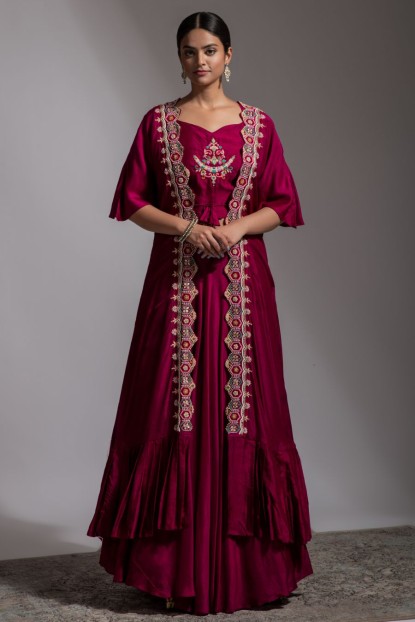 Maroon skirt with elegant  crop top and jacket