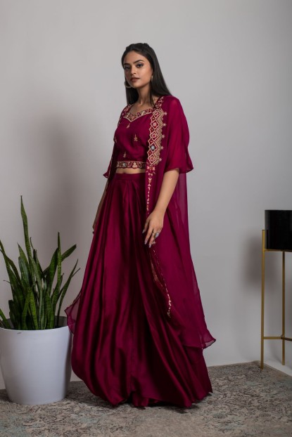 Maroon Crop Top & Skirt with stylish Jacket