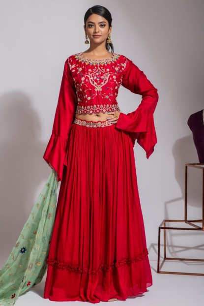 Red heavy Blouse & Georgette Skirt with Organza Dupatta