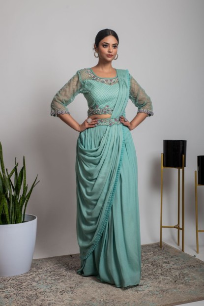   Pista Green color Top & Skirt with Dupatta and a Waist Belt