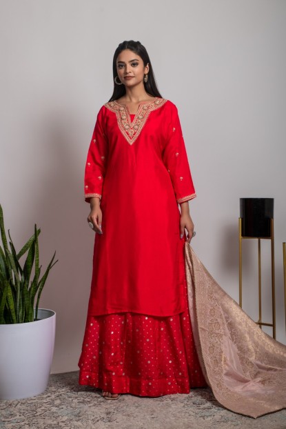 Bright Red Long Kurta with Skirt