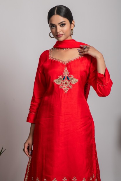 Bright Red Long Kurta with Skirt