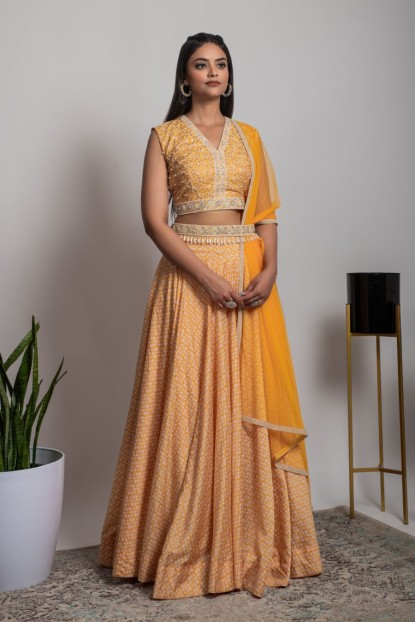 Yellow heavy Crop Top & Skirt with Net Dupatta
