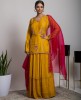 Mustard color short Kurta with Skirt and Organza Dupatta