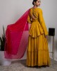 Mustard color short Kurta with Skirt and Organza Dupatta