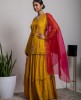 Mustard color short Kurta with Skirt and Organza Dupatta