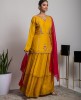 Mustard color short Kurta with Skirt and Organza Dupatta