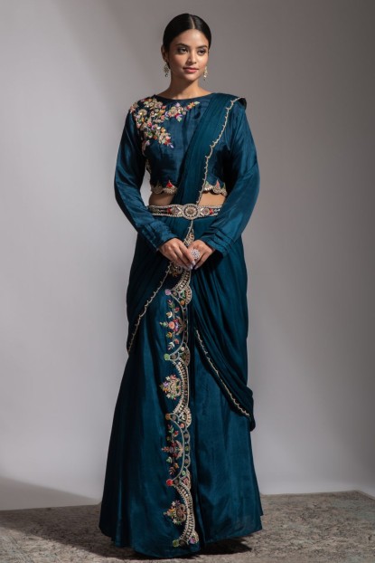 Beautiful Teal Blue Drape style Skirt and Crop Top