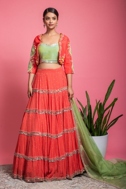 Unique and Beautiful Crop top with Jacket & Skirt in Orange color