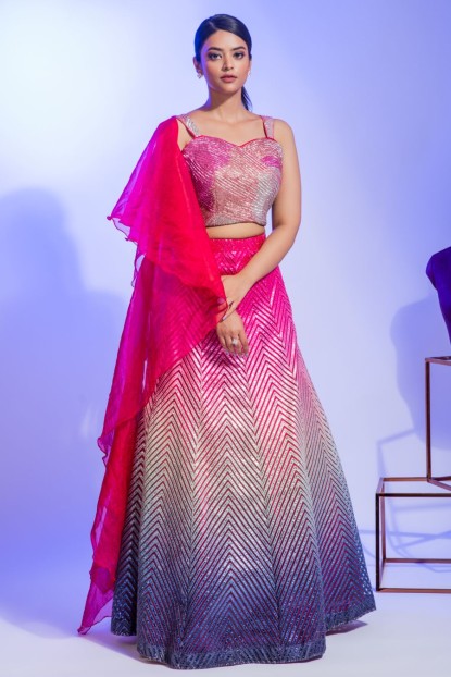   Pink party wear Crop Top & Skirt with Organza Dupatta.