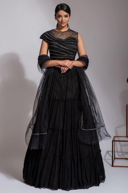 Black Net Crop Top and Skirt 