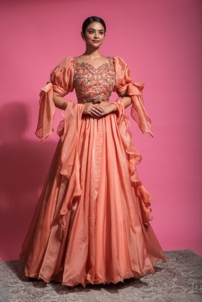 Peach color flared Skirt with Designer Blouse