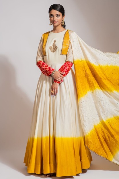 Cream & Yellow Ethnic Jacket Style Gown
