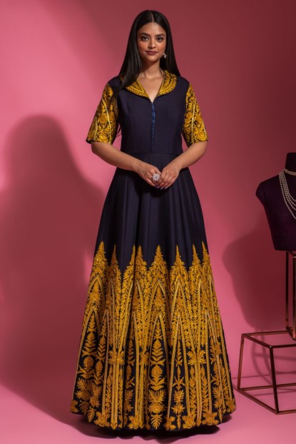 Navy Blue Anarkali Raw Silk Gown with Mustard Embroidery work 