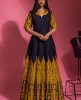 Navy Blue Anarkali Raw Silk Gown with Mustard Embroidery work 