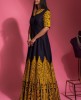 Navy Blue Anarkali Raw Silk Gown with Mustard Embroidery work 
