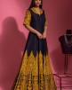 Navy Blue Anarkali Raw Silk Gown with Mustard Embroidery work 