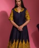 Navy Blue Anarkali Raw Silk Gown with Mustard Embroidery work 