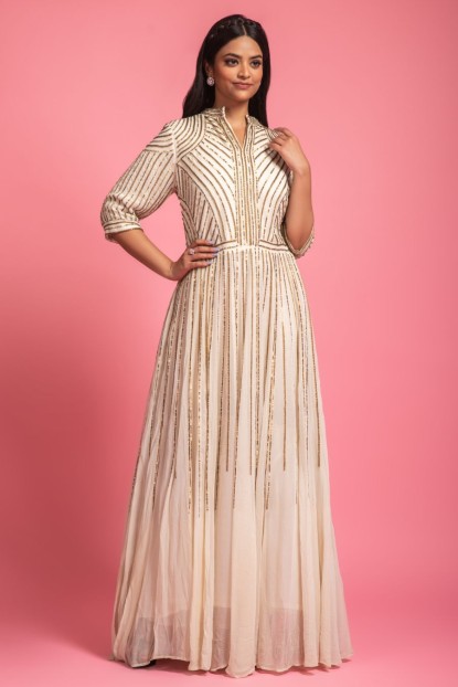 Georgette Off White Gown Sequins & Bead Work