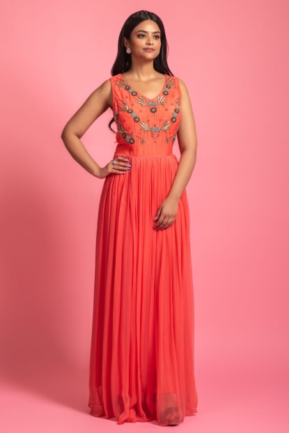 Coral Orange Gown In Georgette Fabric