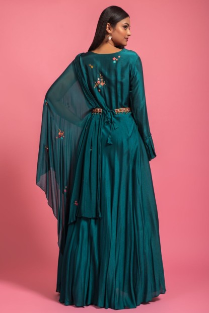 Teal Green Dola Silk Gown With Hand Work