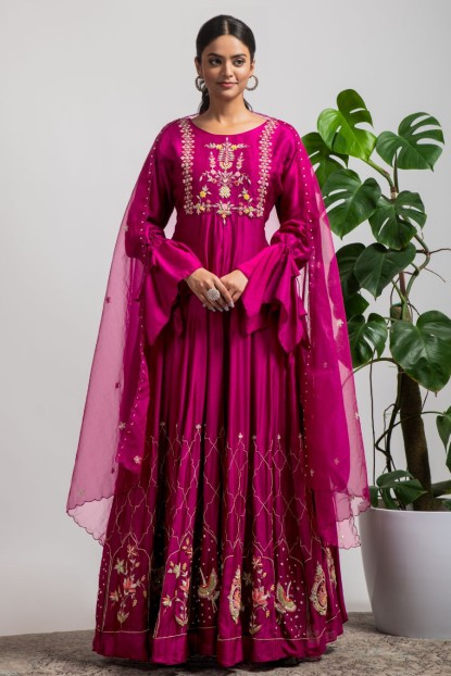 Wine Anarkali Gown in Dola Silk 