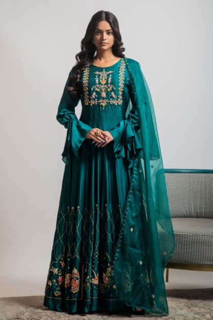 Teal Green Anarkali Suit in Dola Silk 