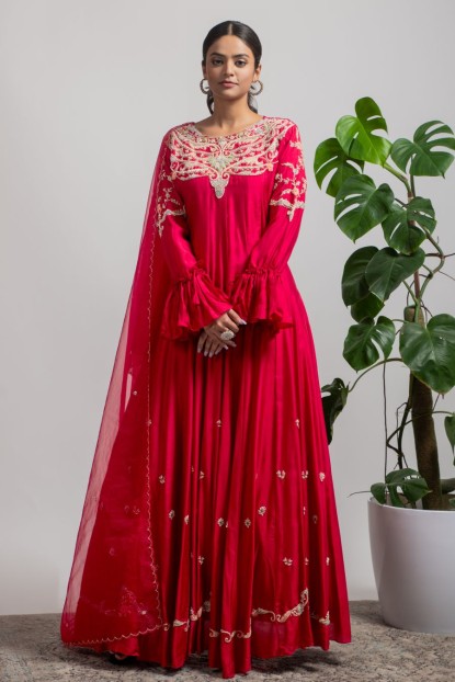 Maroon Anarkali Gown in Dola Silk 