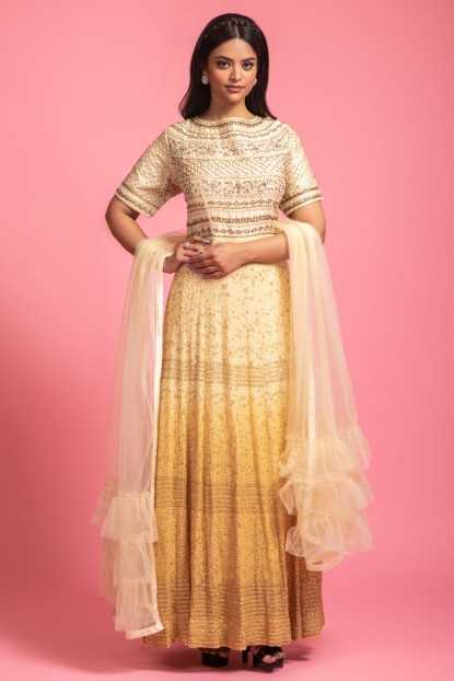 Yellow Colour Gown With Net Dupatta